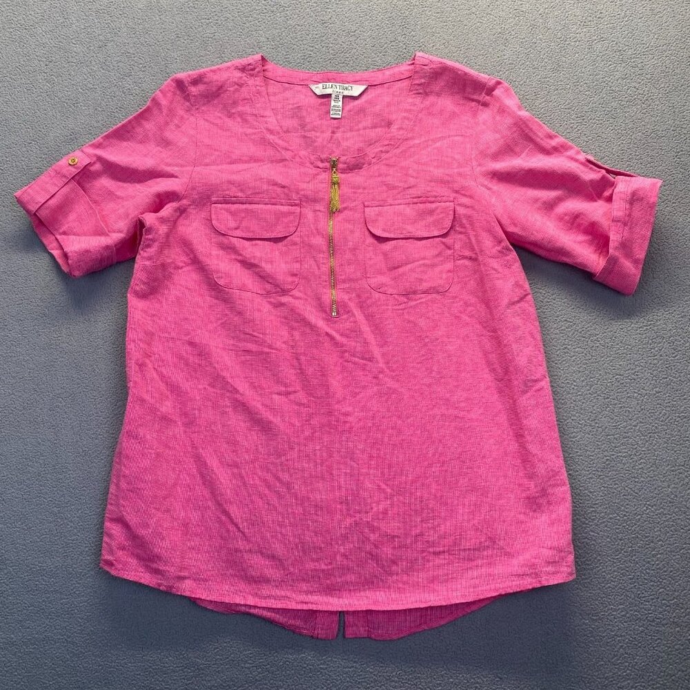 Ellen Tracy linen pink roll‎ tab short sleeve blouse shirt top Size M loose